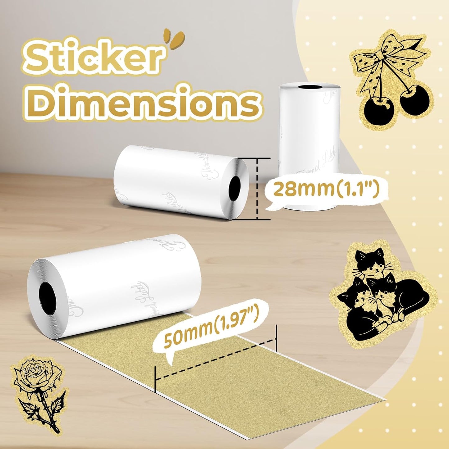 Adhesive Transparent Gold Thermal Paper for  M02/M02 Pro/M02S/M03 Mini Pocket Printer 50Mm X 3.5M, Diameter 30Mm, 3 Rolls