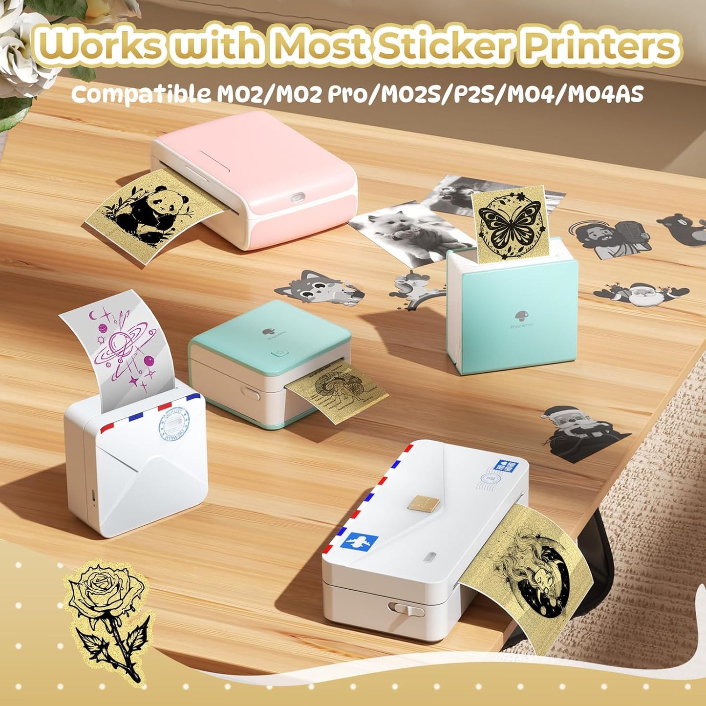 Adhesive Transparent Gold Thermal Paper for  M02/M02 Pro/M02S/M03 Mini Pocket Printer 50Mm X 3.5M, Diameter 30Mm, 3 Rolls